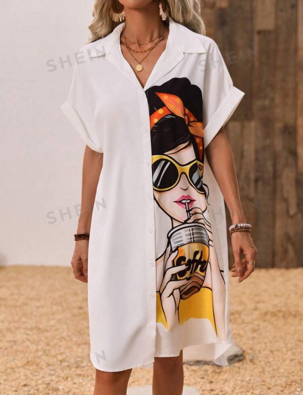 White Printed Button Front Batwing shirt Dress
