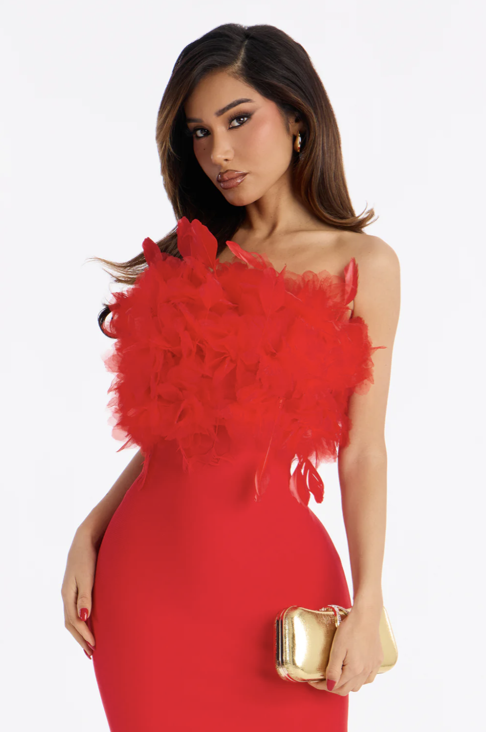 Nyla Feather Trim Bandage Midi Dress - Red