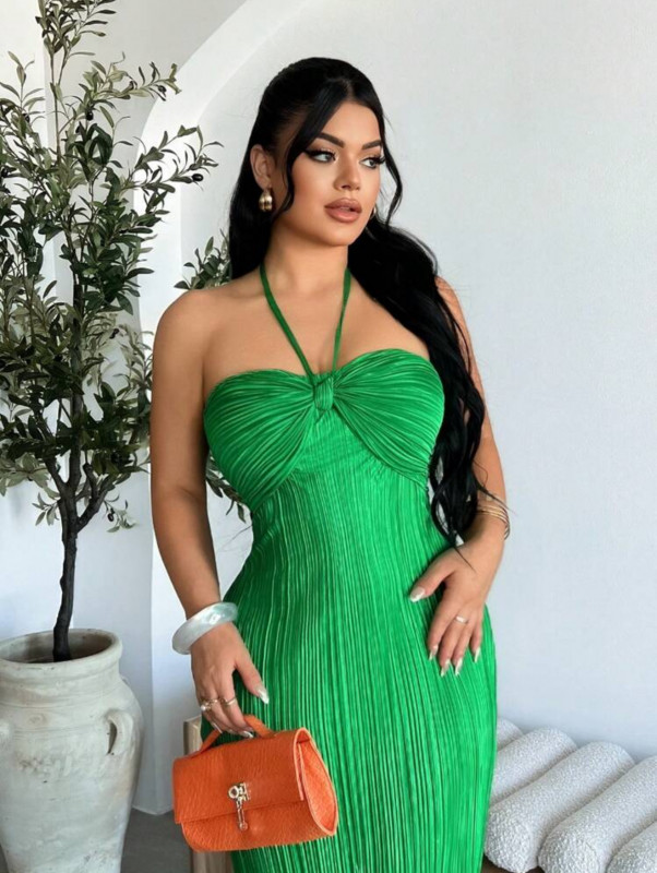 Green Textural Halter Long Dress