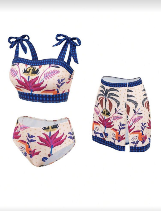 Tight-Fitting Printed Vacation Sexy 3 PiecesSwimsuit Set Tropic Print