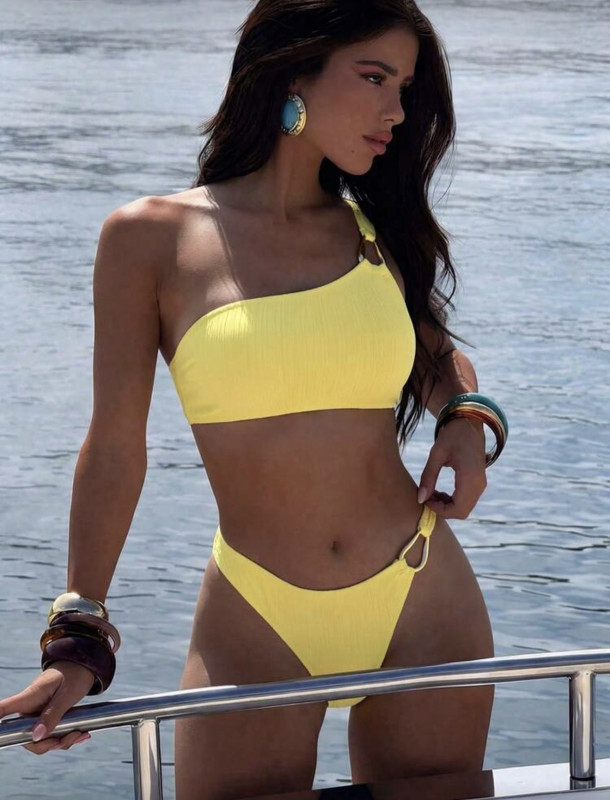 Yellow Swim Basics Solid Color Bikini Set For Beach Vacation Yellow Two Piece Swimsuit Yellow Two Piece Set Women Yellow Swimwear For Women Yellow Two Piece Set Bathing Suit Yellow Two Piece Set Bikin