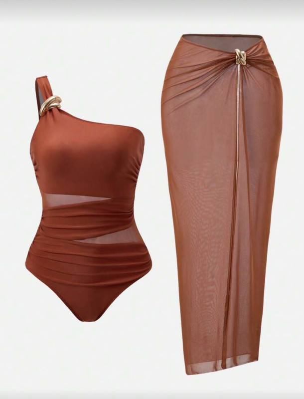 Brown Beach Vacation Casual Jumpsuit & Cover-Up Skirt Set