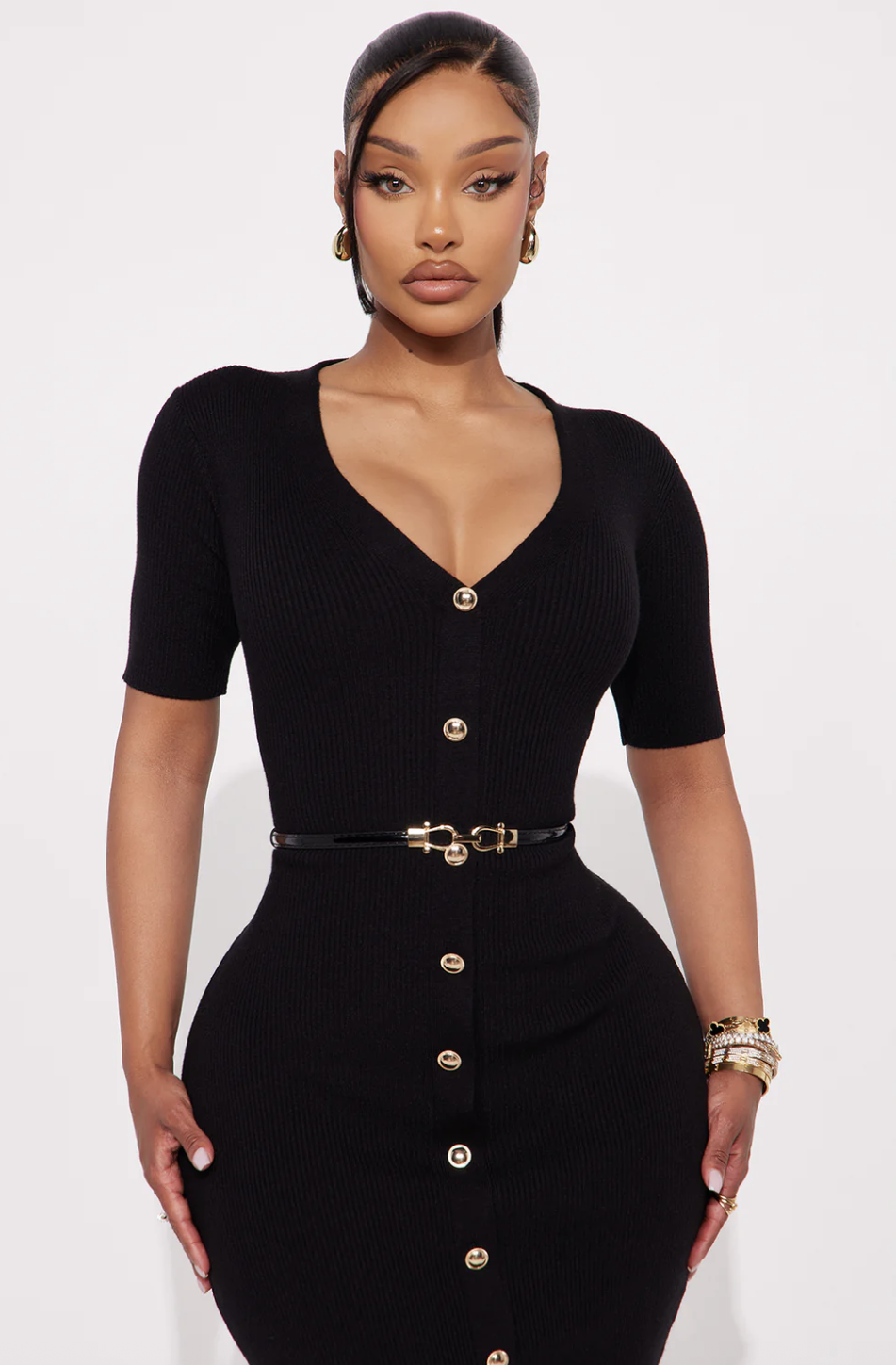 Kaia Belted Ribbed Midi Dress - Black