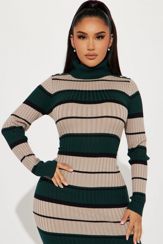 All Striped Up Ribbed Midi Dress - Green/combo
