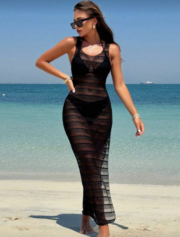 V-Neck Hollow Out Sleeveless Side Slit Hem Cover-Up Dress