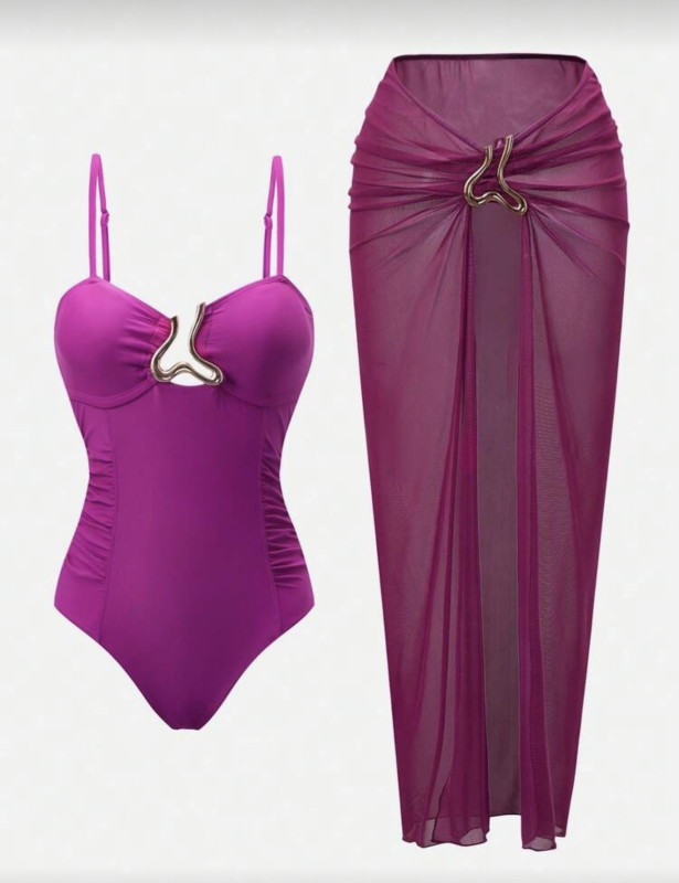 Hot pink Color Metal Decor One-Piece Swimsuit And Skirt Set, Suitable For Beach Vacation, Pool Party, Beach Party  2PCs Plus Size Women One-Piece Swimsuit With Mesh Shoulder Inset & Ruching Detailing,