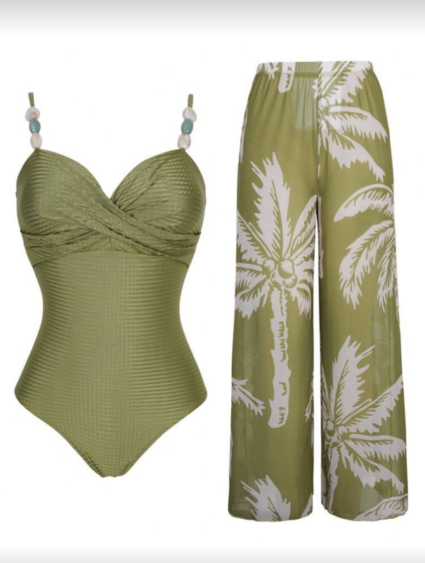Crossover Strap Stone Decor One-Piece Swimsuit And Random Coconut Tree Print Versatile Pants Two Pieces Swimwear Set, Spring/Summer Primavera A Estate Tropical Two Piece Set Hawiian Outfit Women
