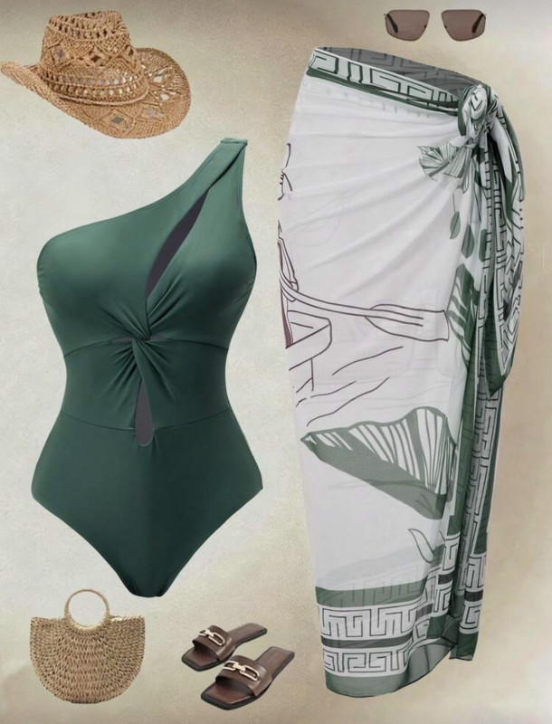 Green Twist Ruched One-Piece Swimsuit And Skirt Set, Suitable For Beach Vacation, Pool Party, Beach Party, Green Bathing Suits For Women Swimsuits For Woman Green Vacation Outfit One Shoulder Swimsuit