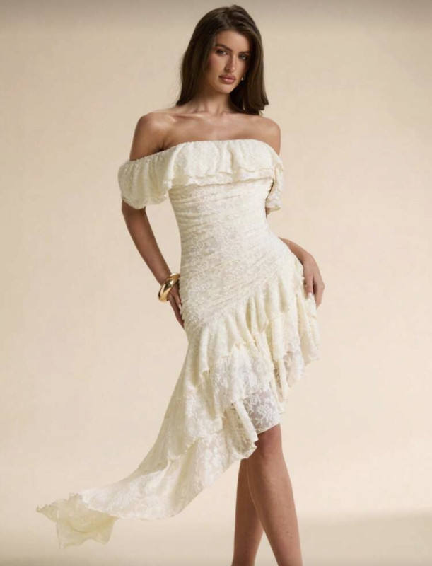 Off white Shoulder Ruffle Hem Maxi Dress
