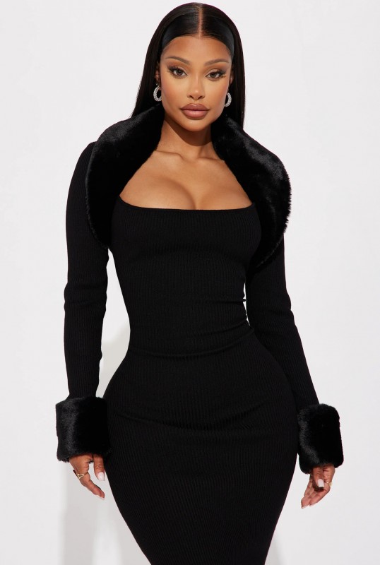 Shilah Faux Fur Sweater Midi Dress - Black