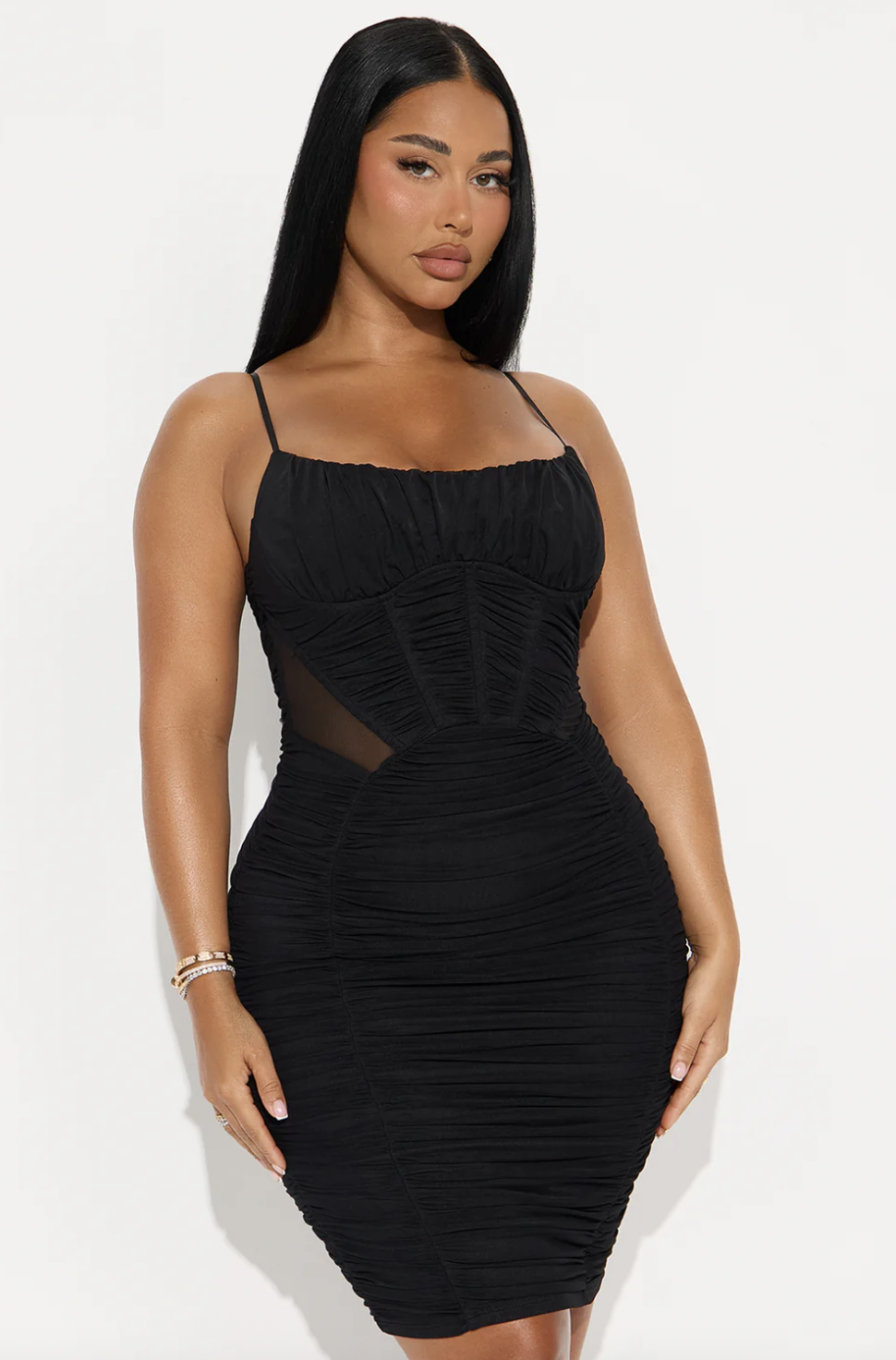 Raina Ruched Corset Mesh Midi Dress - Black