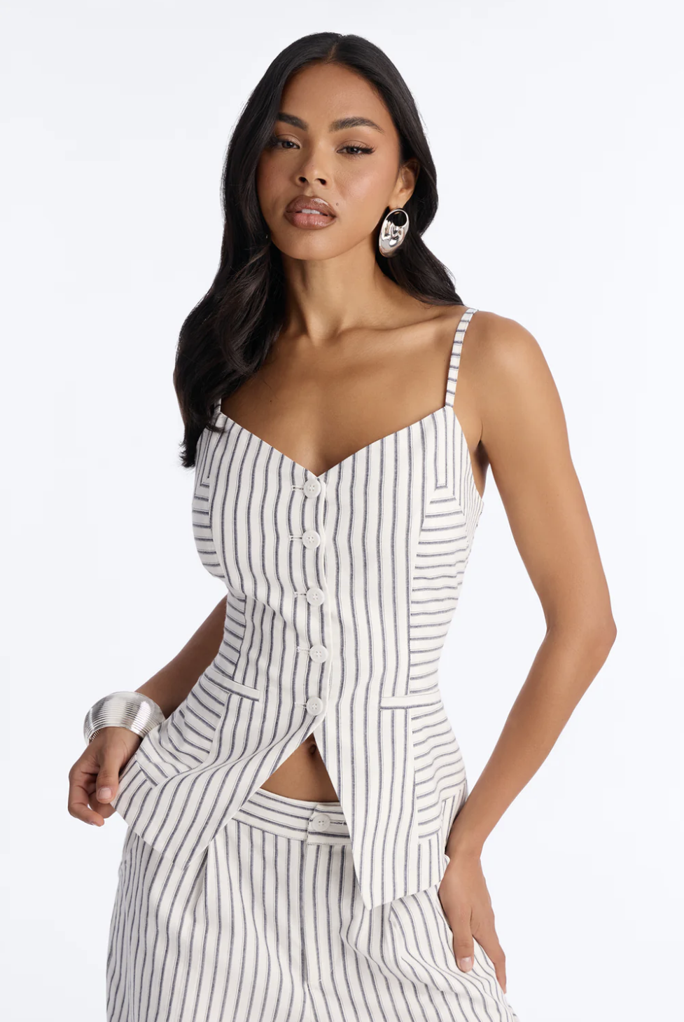 Stella Pinstripe Linen Pant Set - White/combo