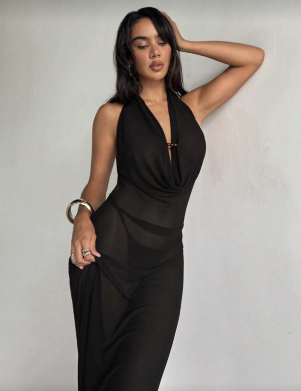 Black Aloruh Women's Holiday Wear Solid Purple Deep Draped Neck Sexy Backless Dress