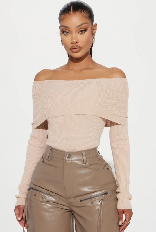 On Trend Off Shoulder Sweater - Taupe