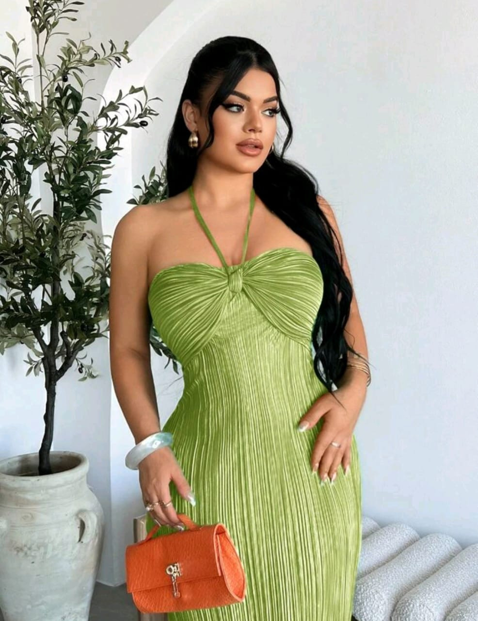 Light green Textural Halter Long Dress