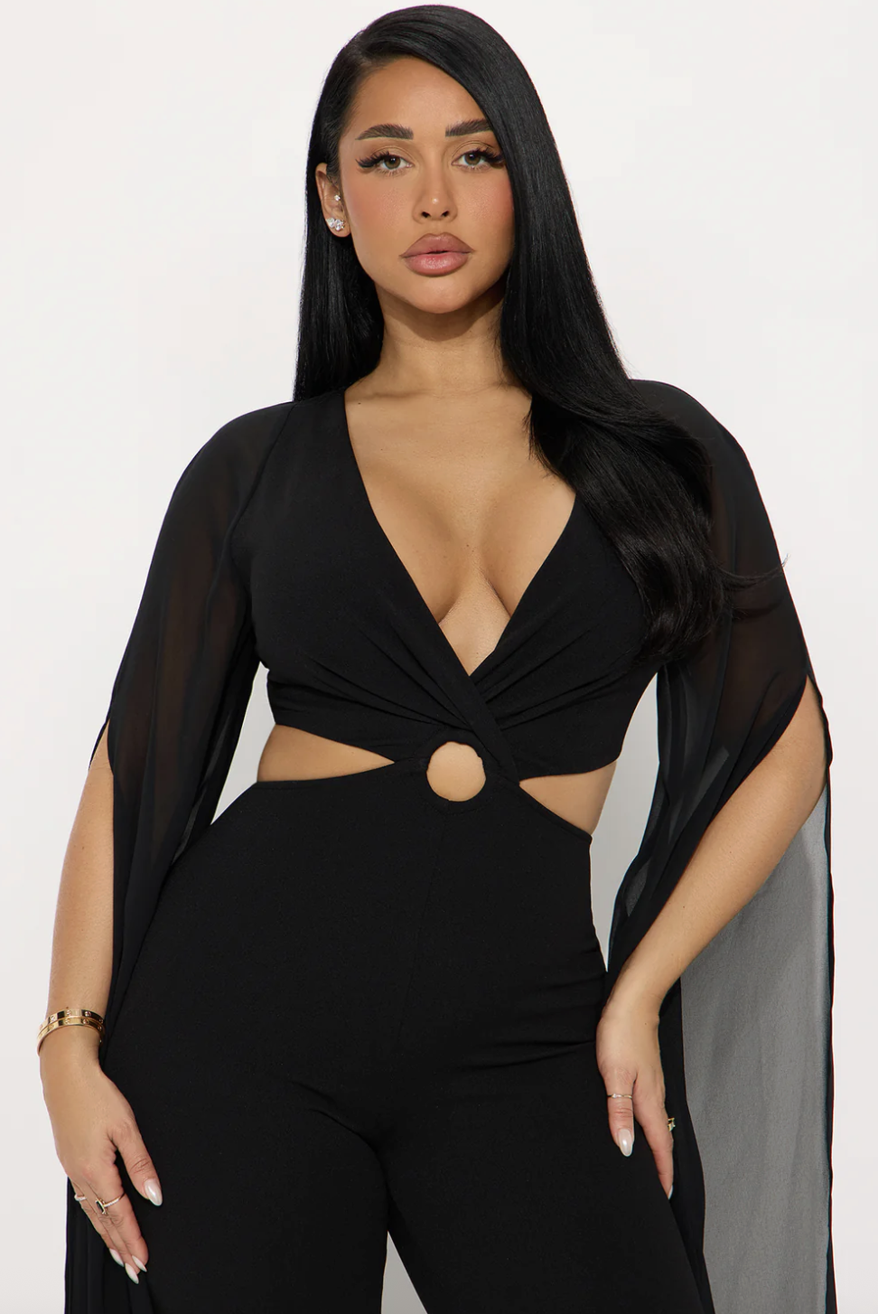 Gemma Draped Mesh Jumpsuit - Black