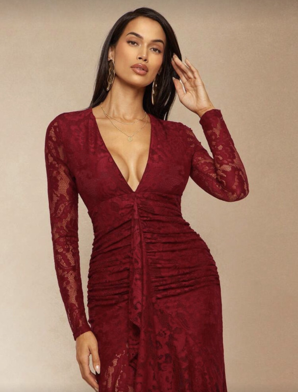 Burgundy Silquee Long-Sleeved V-Neck Dress With Ruffles In Romantic Pure Red, Burgundy, Bordeaux, And Wine Red. Elegant Midi Dress With Ruffled Lace V-Neck