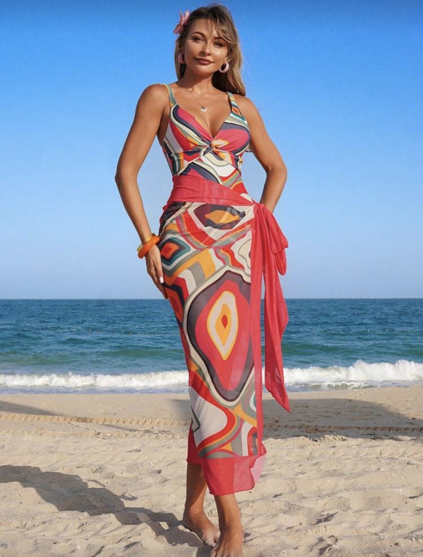 Swim Vcay 2pcs/Set Women's One-Piece Twisted Print Swimsuit With Backless Straps & Mesh Tie-Up Beach Skirt Set